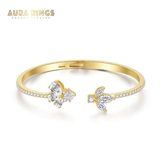 AURA Luxury Flower CZ Open Cuff Bangle – Elegant Cubic Zirconia Bracelet for Women