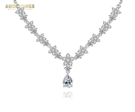 AURA Luxury Bridal CZ Pendant Necklace – Shining Flower & Water Drop Design