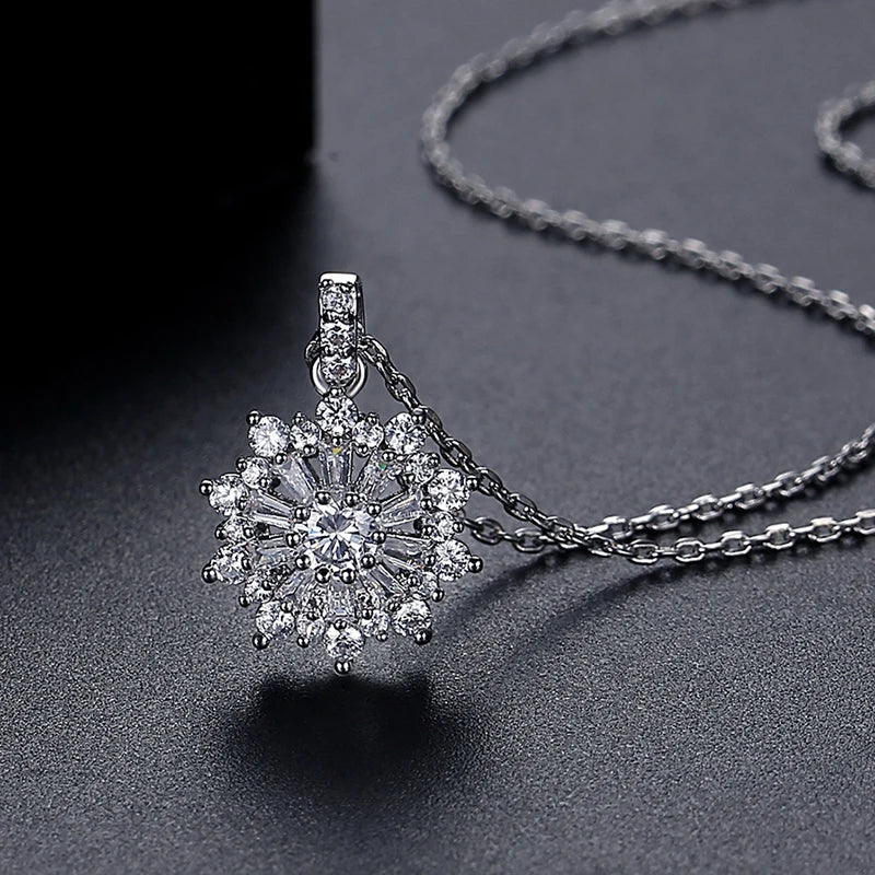 AURA Big Flower CZ Pendant Necklace - Snowflake Design, Elegant & Cute Jewelry for Women, Perfect Party Accessory