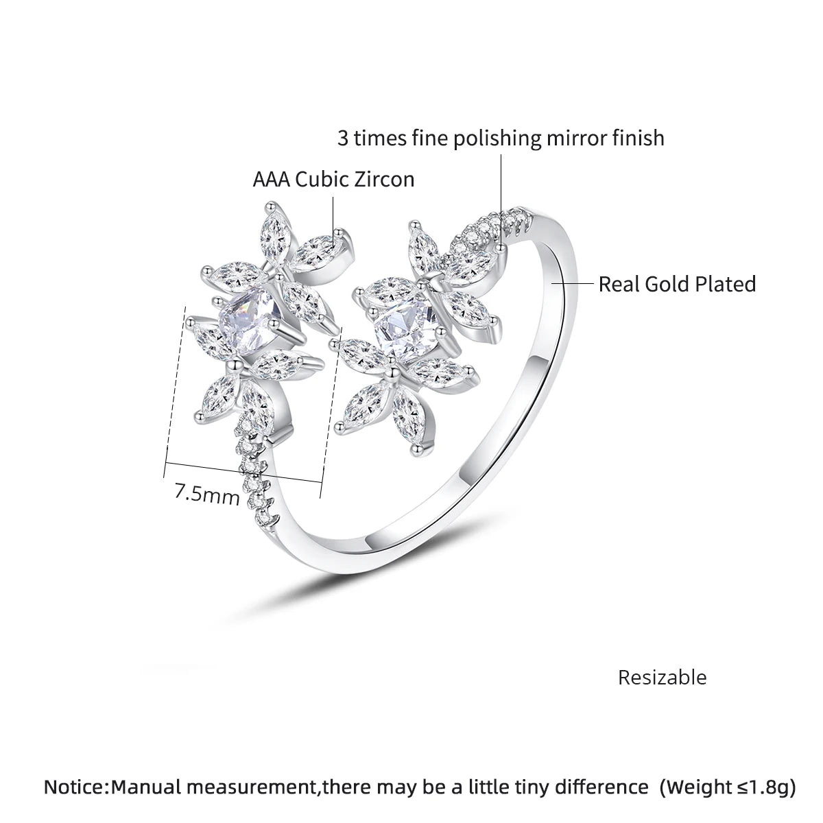 AURA Adjustable Flower CZ Ring – Elegant Zircon Claw Setting Jewelry for Women