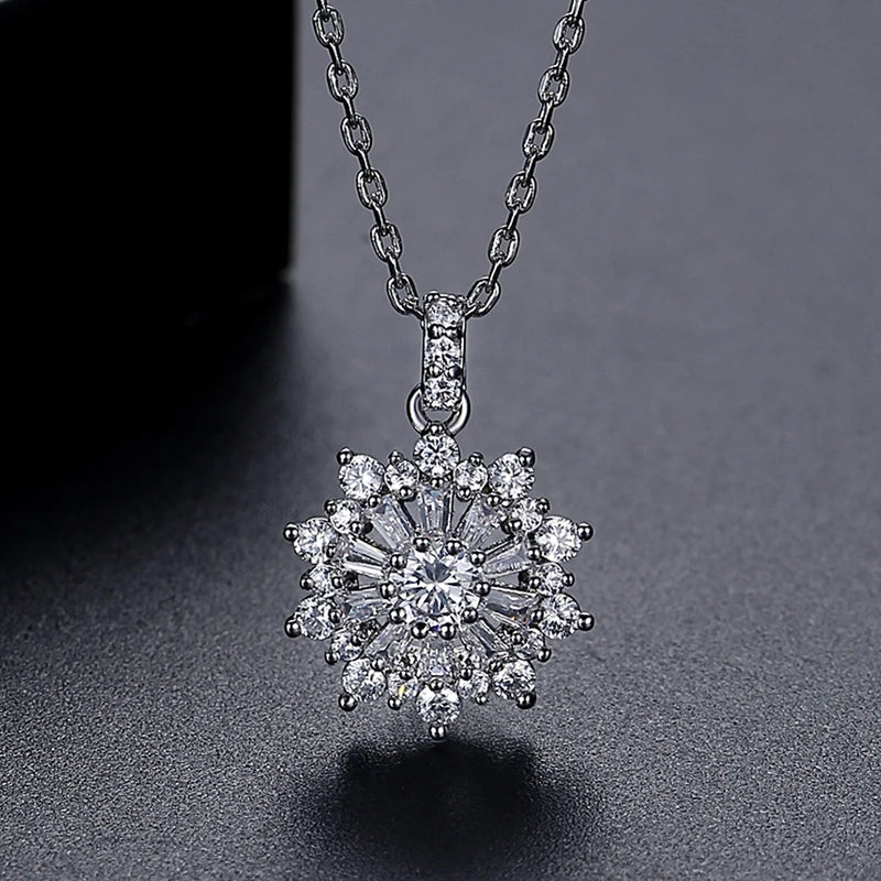 AURA Big Flower CZ Pendant Necklace - Snowflake Design, Elegant & Cute Jewelry for Women, Perfect Party Accessory